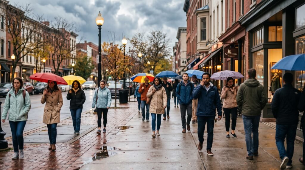 Pessoas caminhando em uma rua urbana com guarda-chuvas abertos e casacos leves sob um céu nublado, ilustrando a chegada da frente fria, queda de temperatura e o clima chuvoso de primavera nas cidades brasileiras.