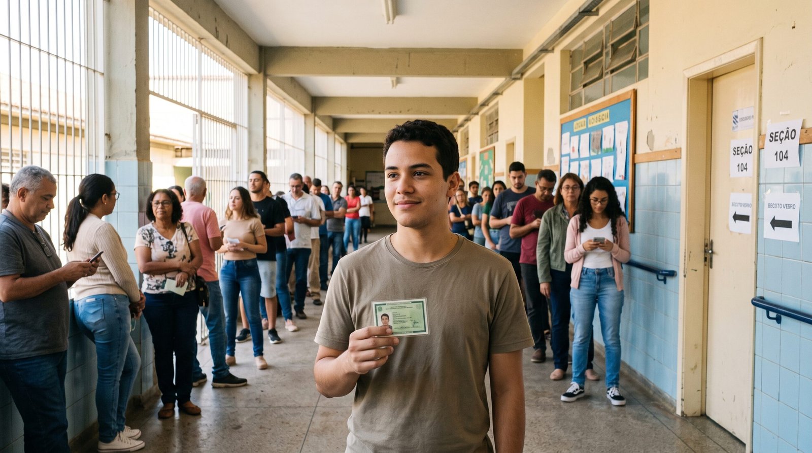 Eleitor brasileiro sorridente em primeiro plano, segurando documento de identidade enquanto aguarda em uma fila organizada de votação em escola pública no segundo turno das Eleições 2026.