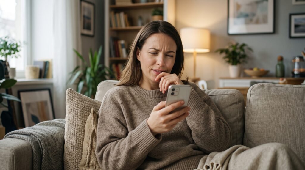 Pessoa com expressão de dúvida e leve preocupação olhando para a tela do celular em casa, representando a desconfiança ao receber uma mensagem suspeita ou tentativa de golpe digital.